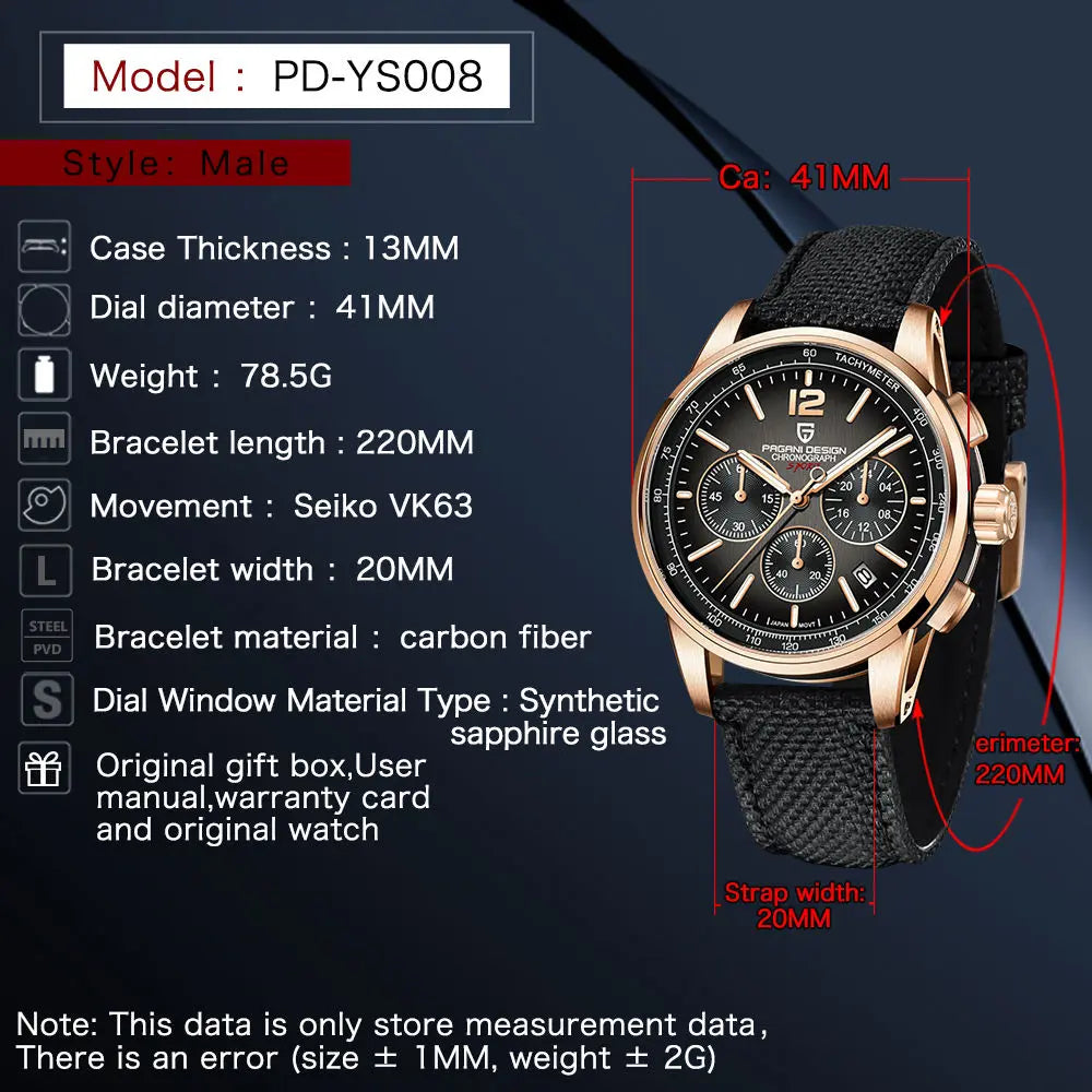 Pagani Design VK63 Fashion Men's Quartz Watches 41MM Top Sapphire Waterproof Sport 10 Bar Watch for men reloj hombre