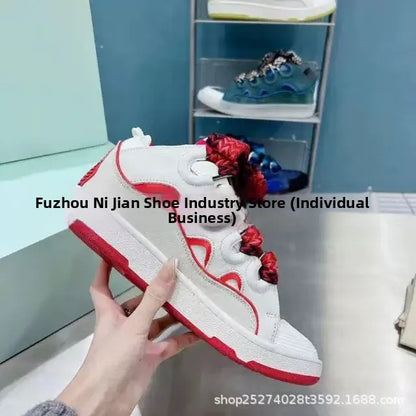 Zapatillas tipo skate de tacón alto cómodas, con suela gruesa, estilo casual deportivo dad shoes, estilo bolso, vietnamita y camboyano, nuevo diseño con nudo, sin cordones