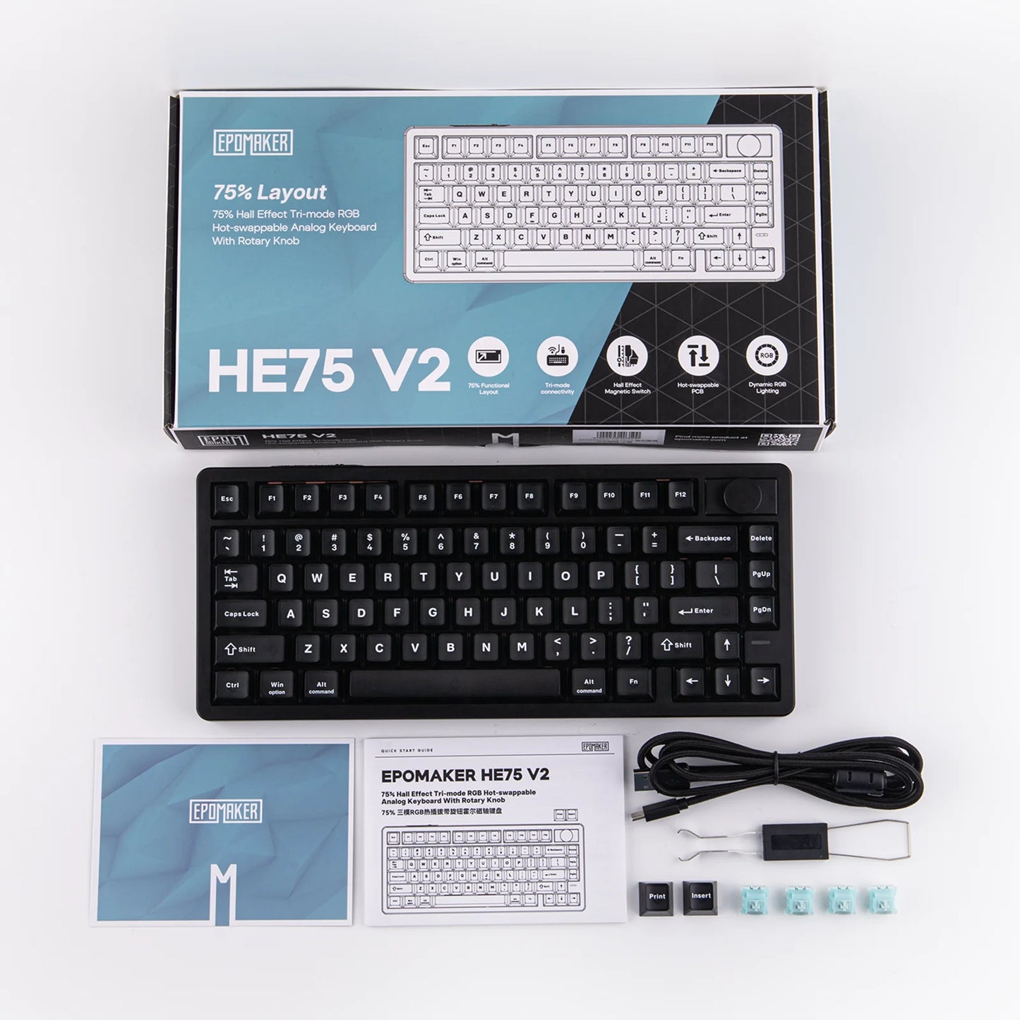 Tastiera gaming EPOMAKER HE75 V2 75% layout ANSI US tri-mode wireless a effetto Hall con attuazione regolabile 0.005mm/Rapid Triggering