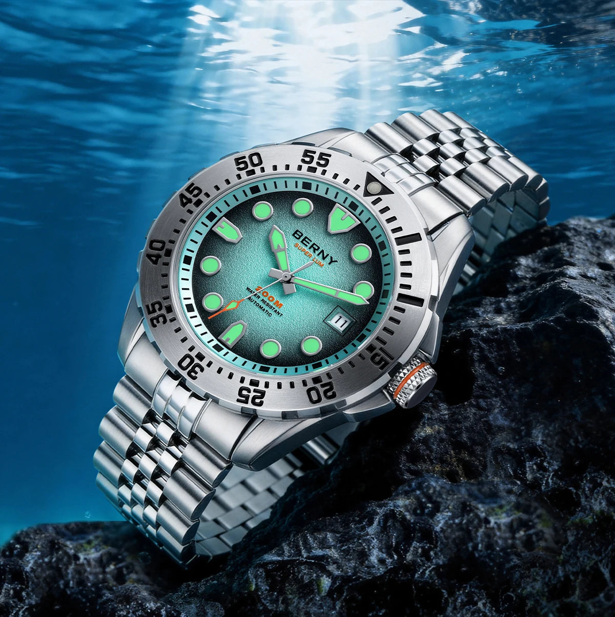 BERNY Automatic Diver Watch for Men Frosted Dial MIYOTA 8215 316L Supper Luminous Sapphire AR Fluororubber Men's Diving Watches