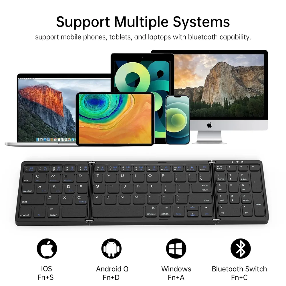 Teclado Bluetooth sem fios dobrável e recarregável para iPad, telemóvel, tablet, notebook e escritório — mini teclado sem fios