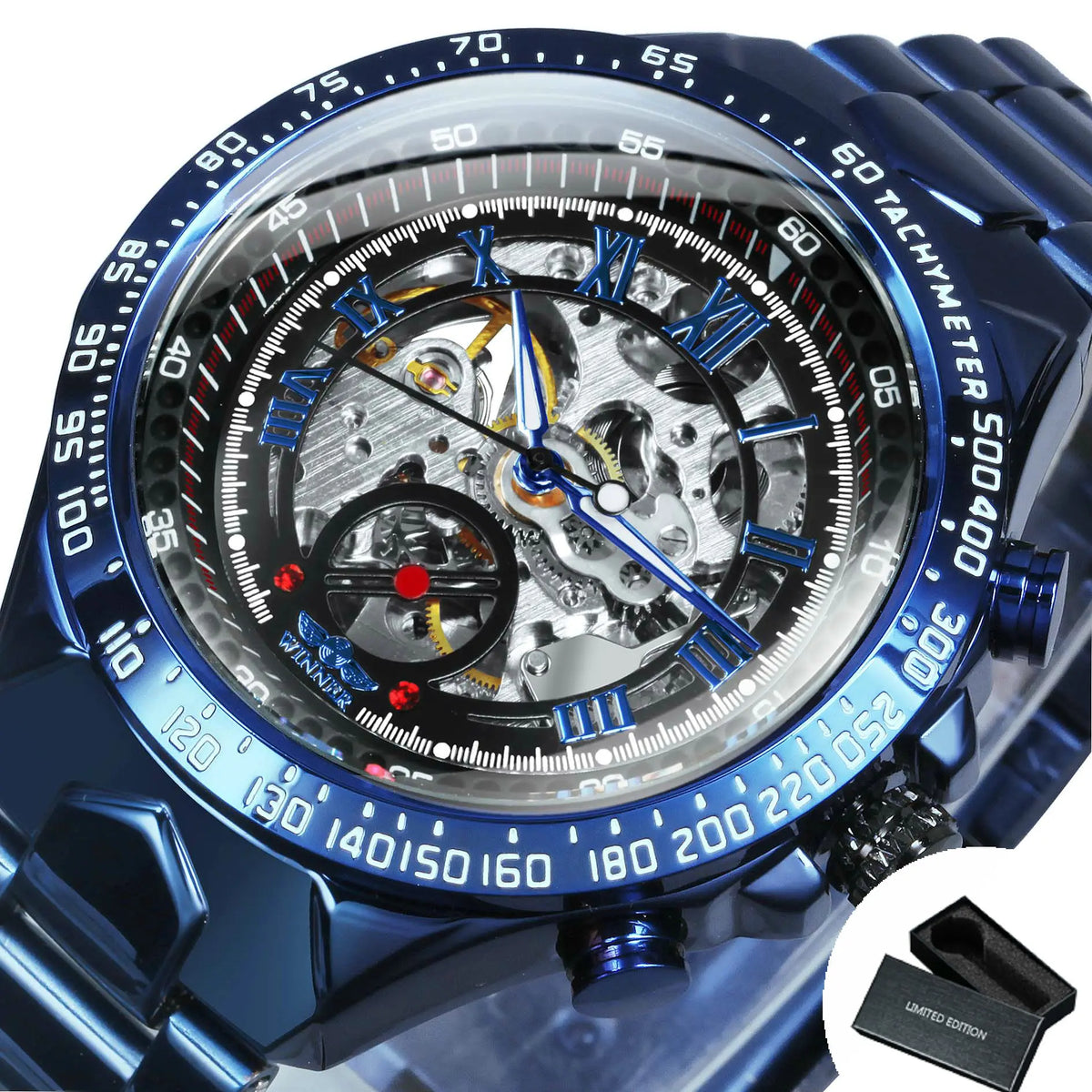 Relógio automático para homem WINNER – Modelo esqueleto transparente, ponteiros luminescentes, bracelete em aço inoxidável, relógio mecânico de marca de luxo