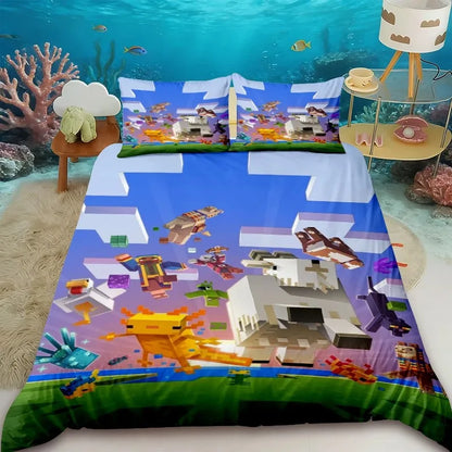 Funda nórdica infantil de dibujos animados Minecraft, juego de ropa de cama con funda de edredón, tamaños Queen, King y Full, con 1/2 fundas de almohada para dormitorio