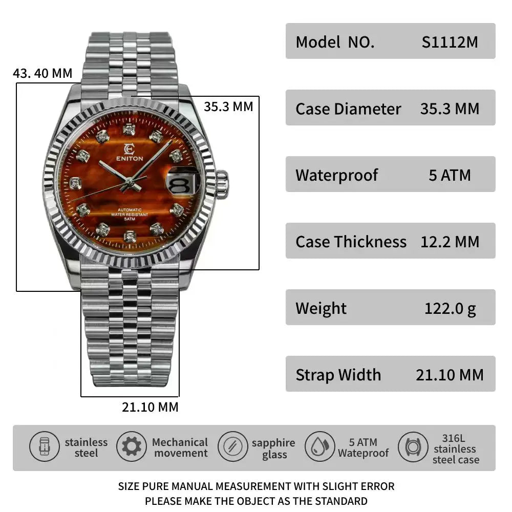 Eniton 36mm Men's Mechanical Watch with Stainless Steel Peacock Stone Tiger Eye Dial And NH35 Movement
