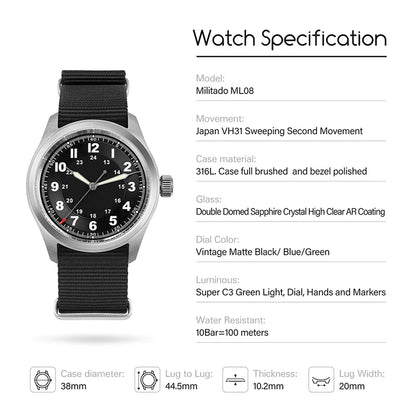 Militado ML08 Vintage Black Watch VH31 Sweep Quartz Wristwatch Ar Sapphire Crystal Luminous C3 BGW9 100 Waterproof Watches Man