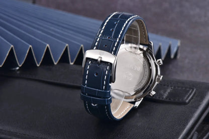 Relógio de luxo para homem Benyar – Cronógrafo com data, bracelete em pele, estanque, luminescente, estilo desportivo e militar, relógio de quartzo