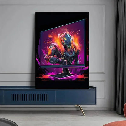 Póster Néon de Personagem de Videojogo com Gamepad, Auscultadores, Futebol e Basquetebol em Tela — Arte de Parede para Decoração de Quarto Gaming