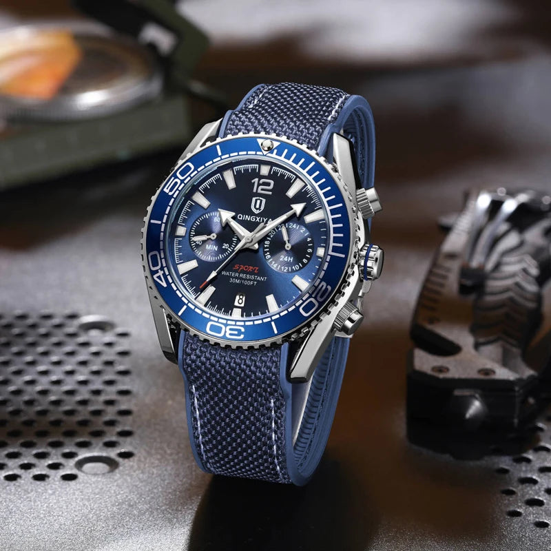 QINGXIYA Brand Luxury Multifunctional Quartz Watch Men Silicone Strap Waterproof Luminous Chronograph Watches Mens Sports Watch