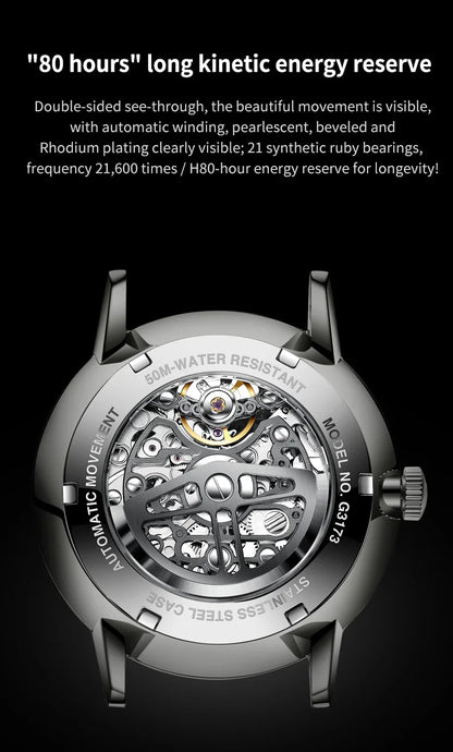 OUPINKE 3173 Skeleton Automatic Mechanical Watch Luxury Brand 50M Waterproof Watch Leather Strap Mens Watch Box Gifts Reloj