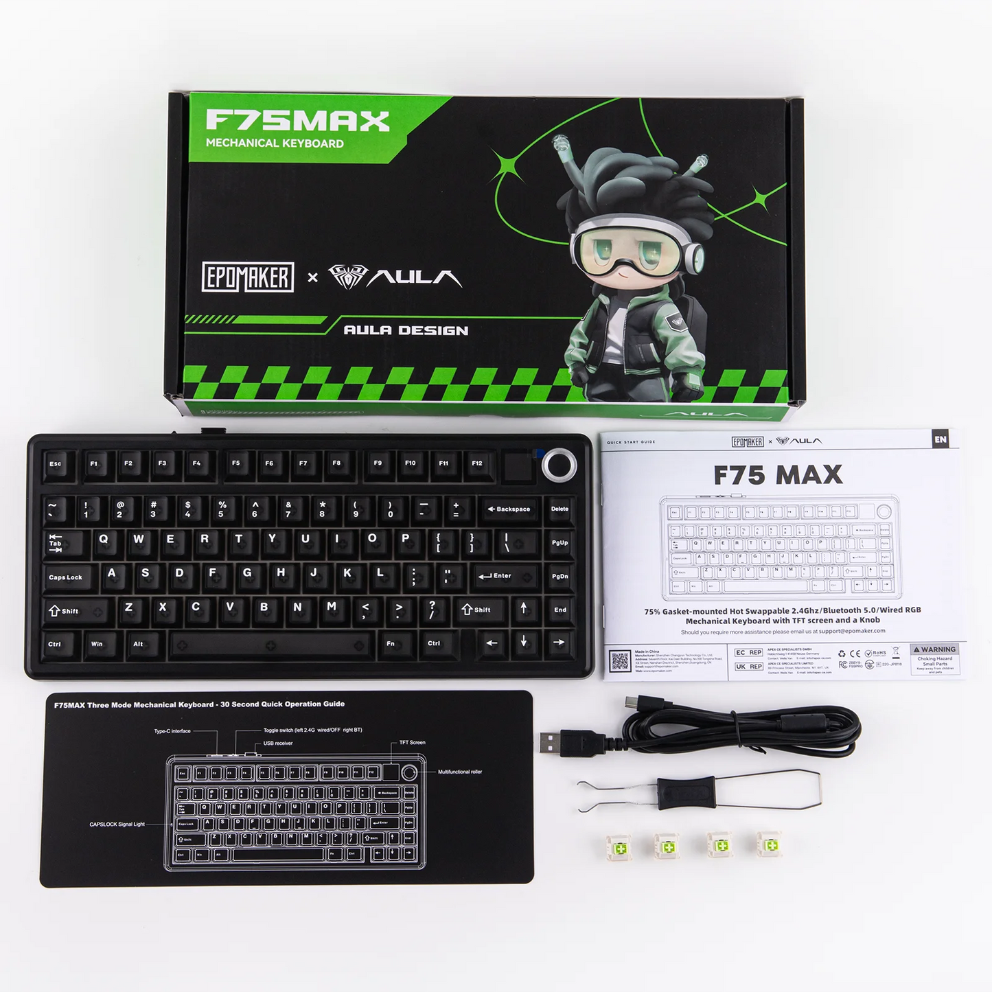 Teclado mecánico inalámbrico EPOMAKER X AULA F75 MAX compacto 75% con distribución ANSI, conexión por cable/Bluetooth/2.4GHz, pantalla TFT y perilla