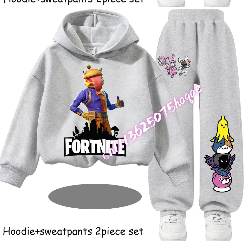 Fortnite Kids Spring and Autumn Long-Sleeved Pants Children's Hooded Sweatshirt Set Game Cartoon Print Boys' Sport Shirt