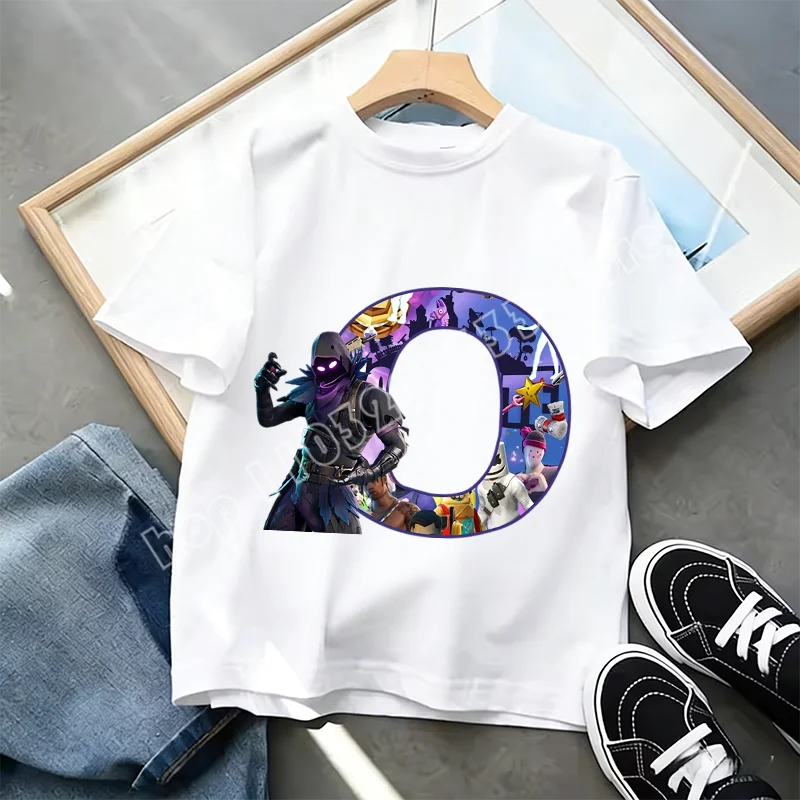 T-shirt Infantil Branco Fortnite com Estampado Alfabeto A-Z — Roupa de Verão, Jogo de Desenhos Animados Popular, Manga Curta Casual, Presente de Moda