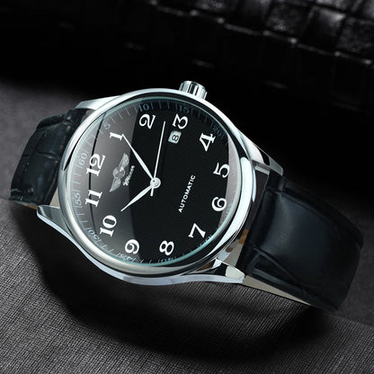 Relógio de homem WINNER – Estilo clássico, retro e elegante – Relógio mecânico automático com calendário – Marca de luxo, caixa em aço e bracelete em pele