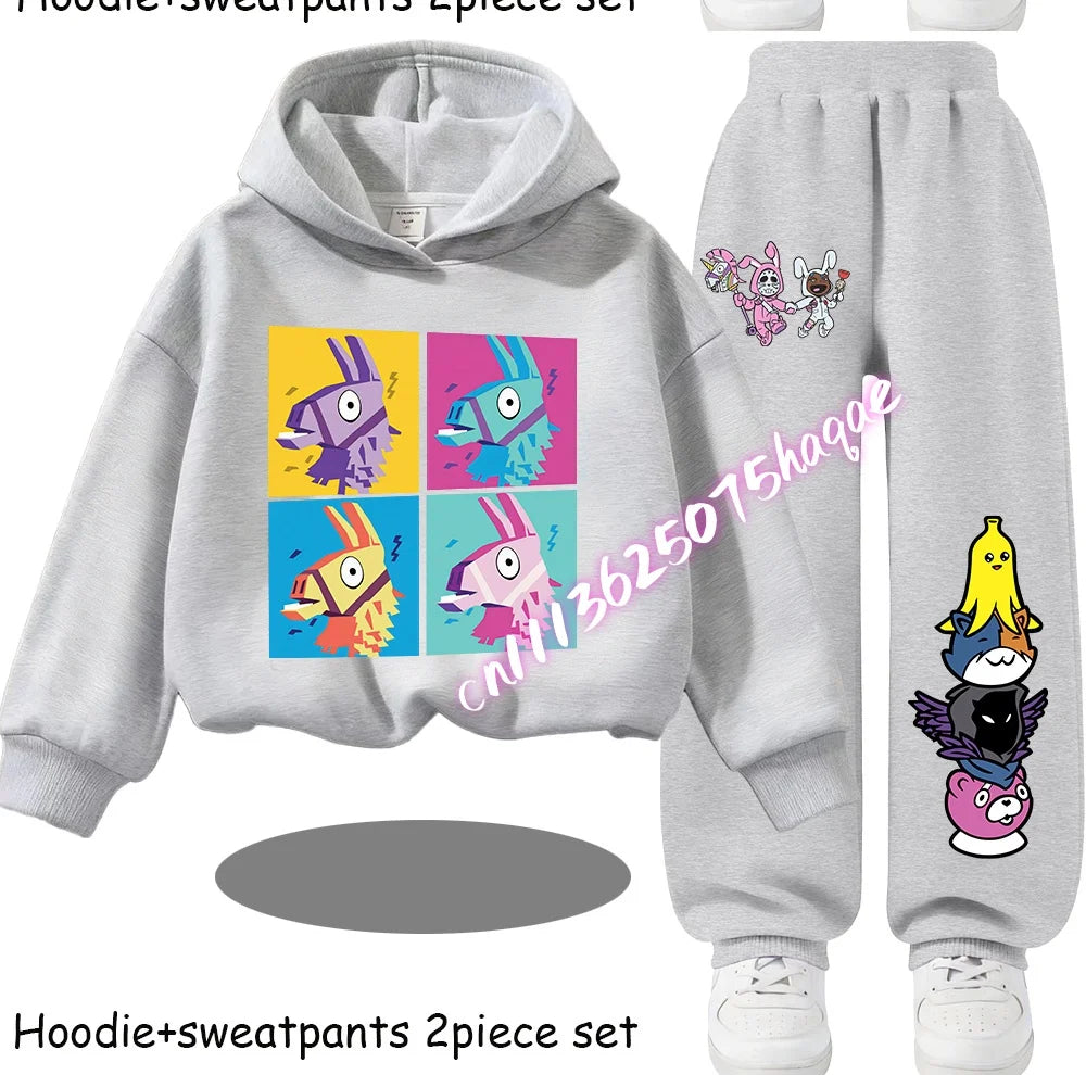Fortnite Kids Spring and Autumn Long-Sleeved Pants Children's Hooded Sweatshirt Set Game Cartoon Print Boys' Sport Shirt
