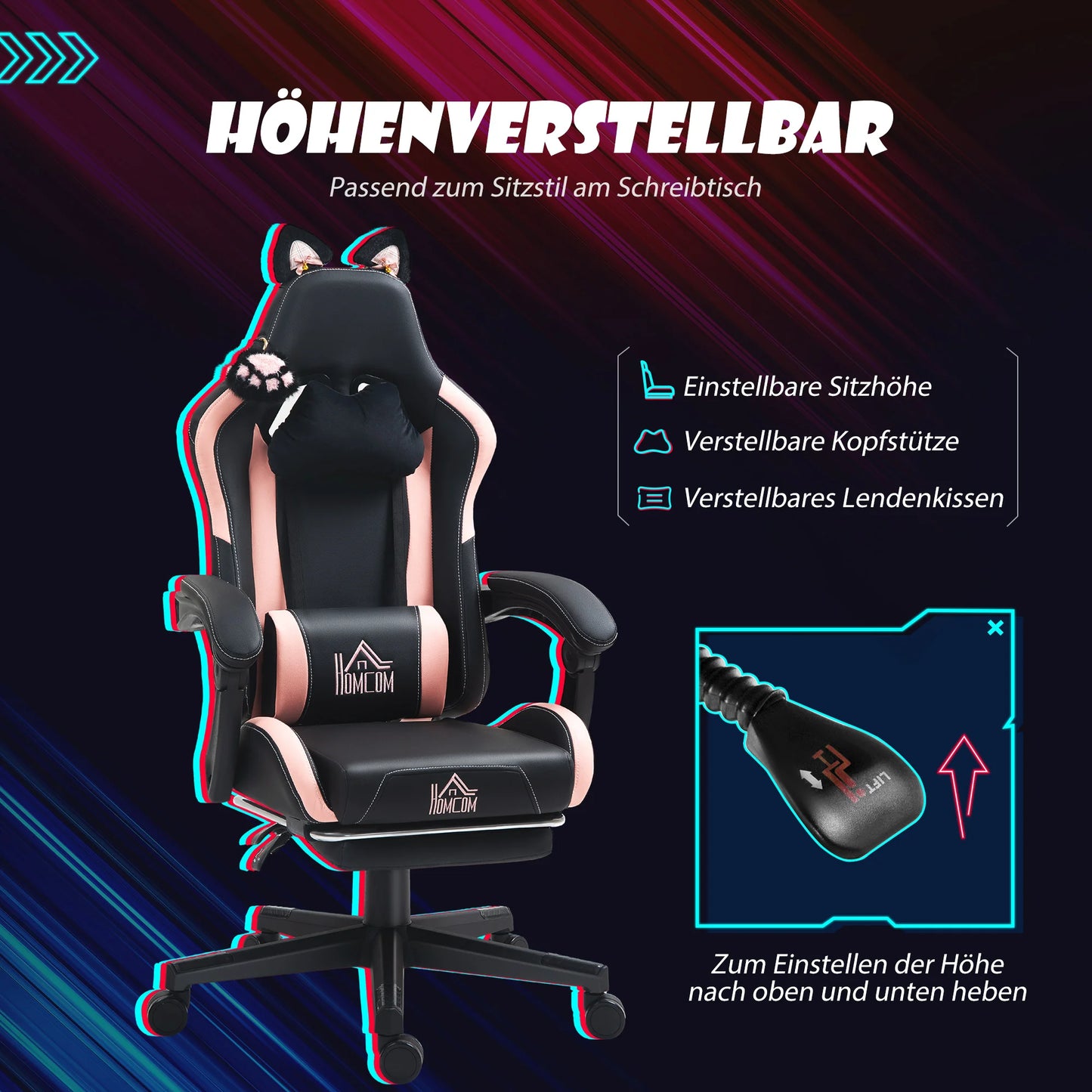 Gaming Chair with Cat Ears Ergonomic Office Chair, Reclining Gaming Chair with Footrest, Adjustable Height Computer Gaming Chair, PU Leather Gaming Chair for Home Office