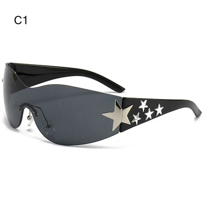 Rimless Y2K Sunglasses Women Men Punk Goggle Trendy Shield Sun Glasses UV400 3D Five Star Rhinestones Eyewear 2024