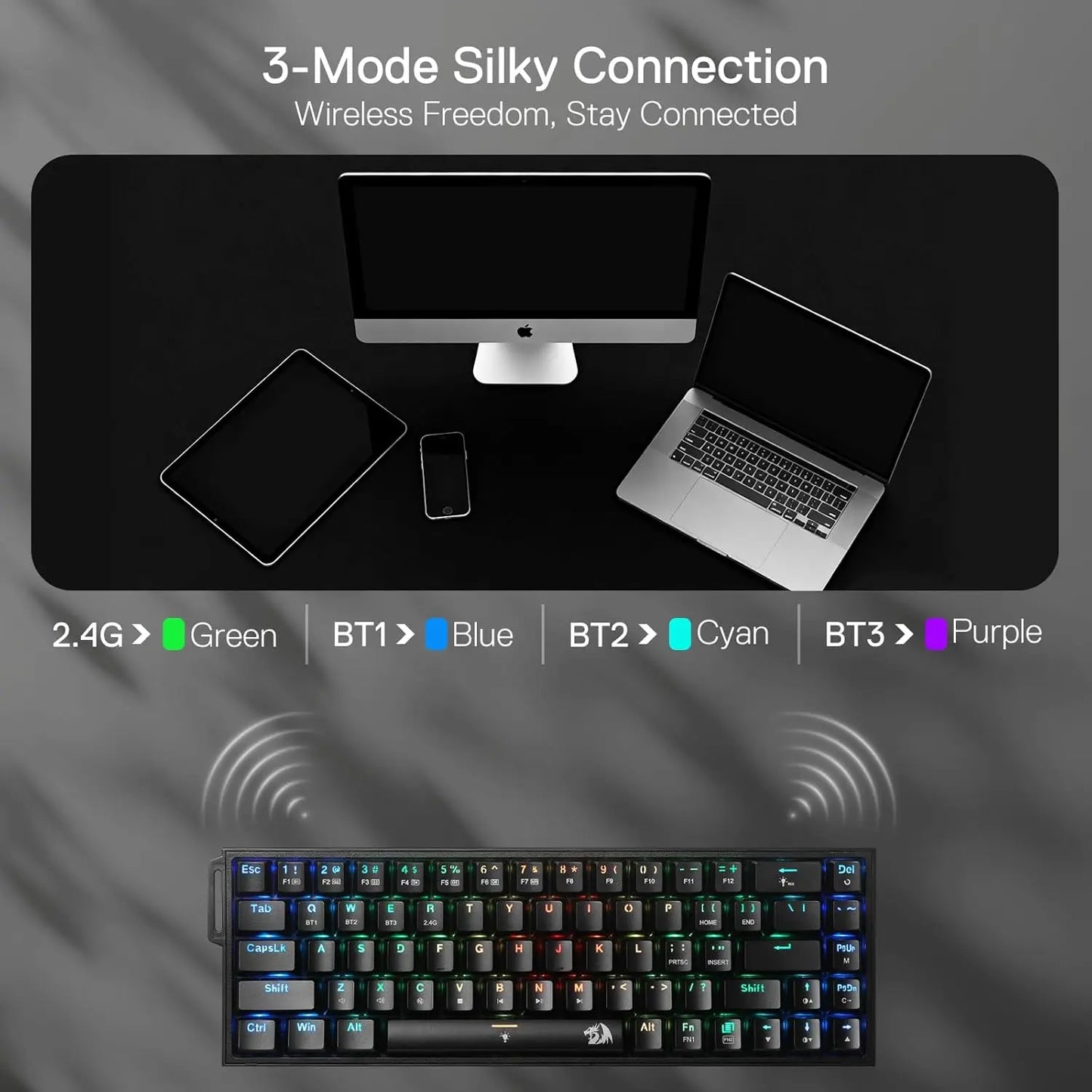 Redragon K631 PRO 65% 3-Mode Wireless RGB Gaming Keyboard, 68 Keys Hot-Swappable, Compact Mechanical Keyboard with Hot-Swappable