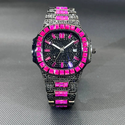 MISSFOX Luxury Watch For Men Rose Iced Out Diamond Hip Hop Quartz Waterproof Clock Men Square Diamond Male Watch 2026 New