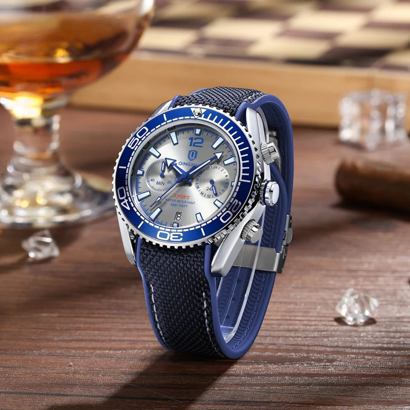 QINGXIYA Brand Luxury Multifunctional Quartz Watch Men Silicone Strap Waterproof Luminous Chronograph Watches Mens Sports Watch