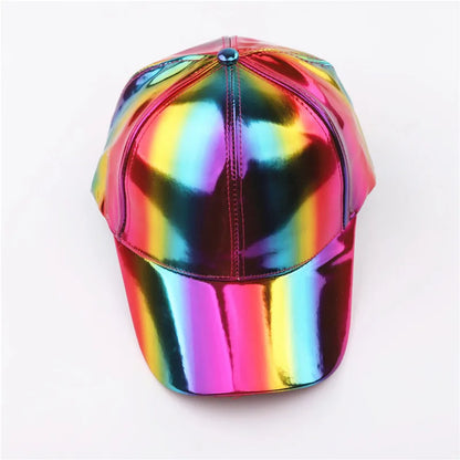 Unisex PU Rainbow Color Changing Baseball Hat Fashion Adult Laser Hip Hop Cap Outdoor Casual Snapback Shiny Party Dressing Hat