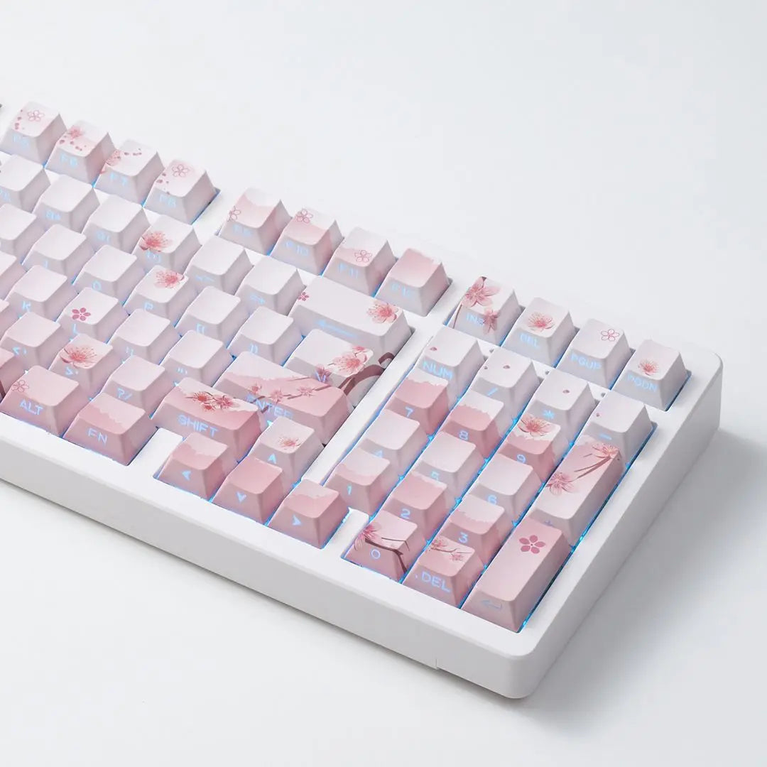 Set di keycap Sakura Pink con incisione laterale, PBT traslucido, 127 tasti, per switch MX e tastiere meccaniche 60/84/90/104/108