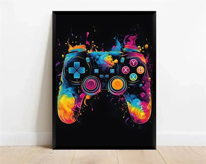 Póster Néon de Personagem de Videojogo com Gamepad, Auscultadores, Futebol e Basquetebol em Tela — Arte de Parede para Decoração de Quarto Gaming