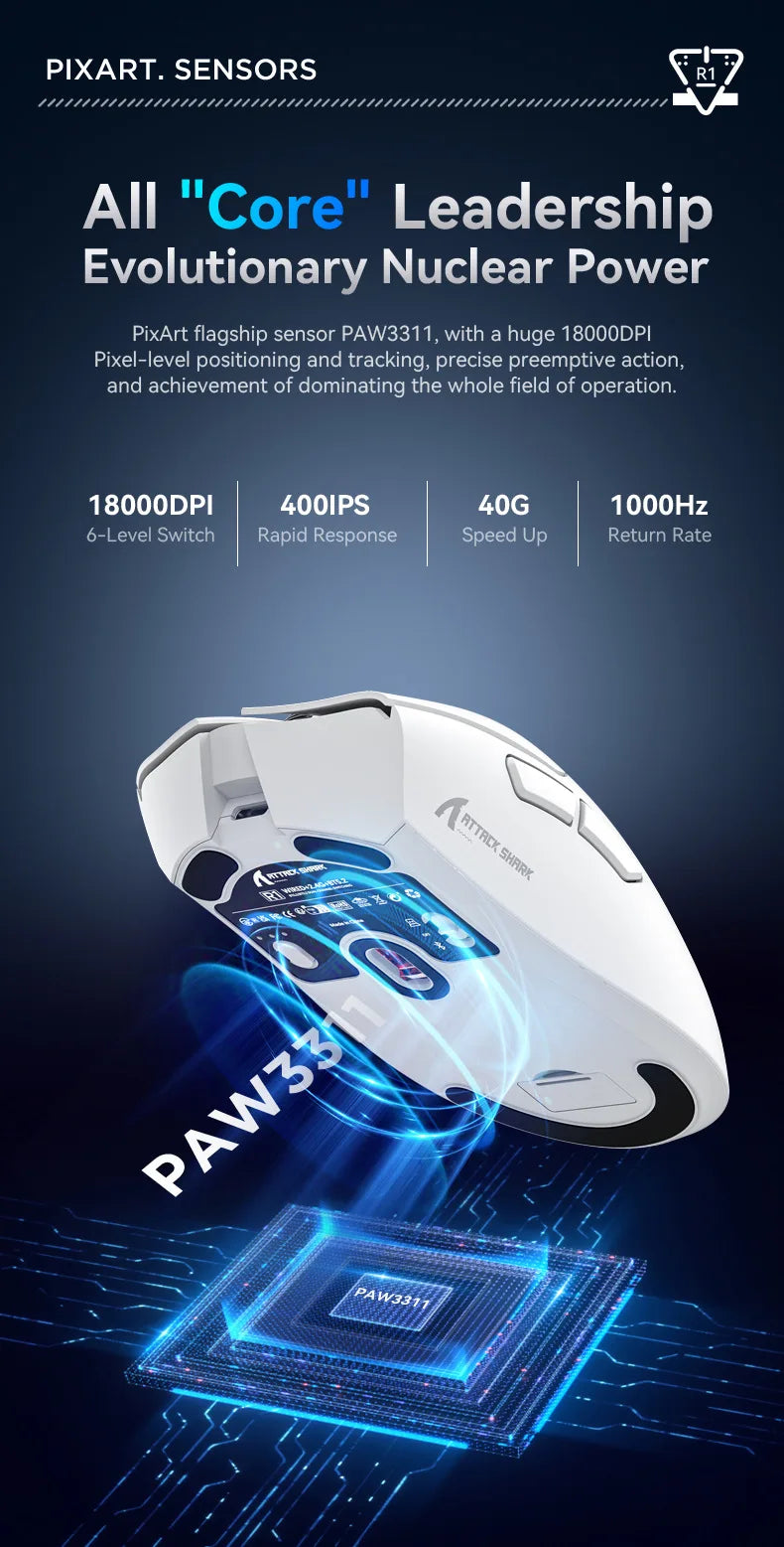 Ratón gaming inalámbrico Attack Shark R1 ligero Bluetooth 2.4G PAW3311 18000DPI ergonómico con macros