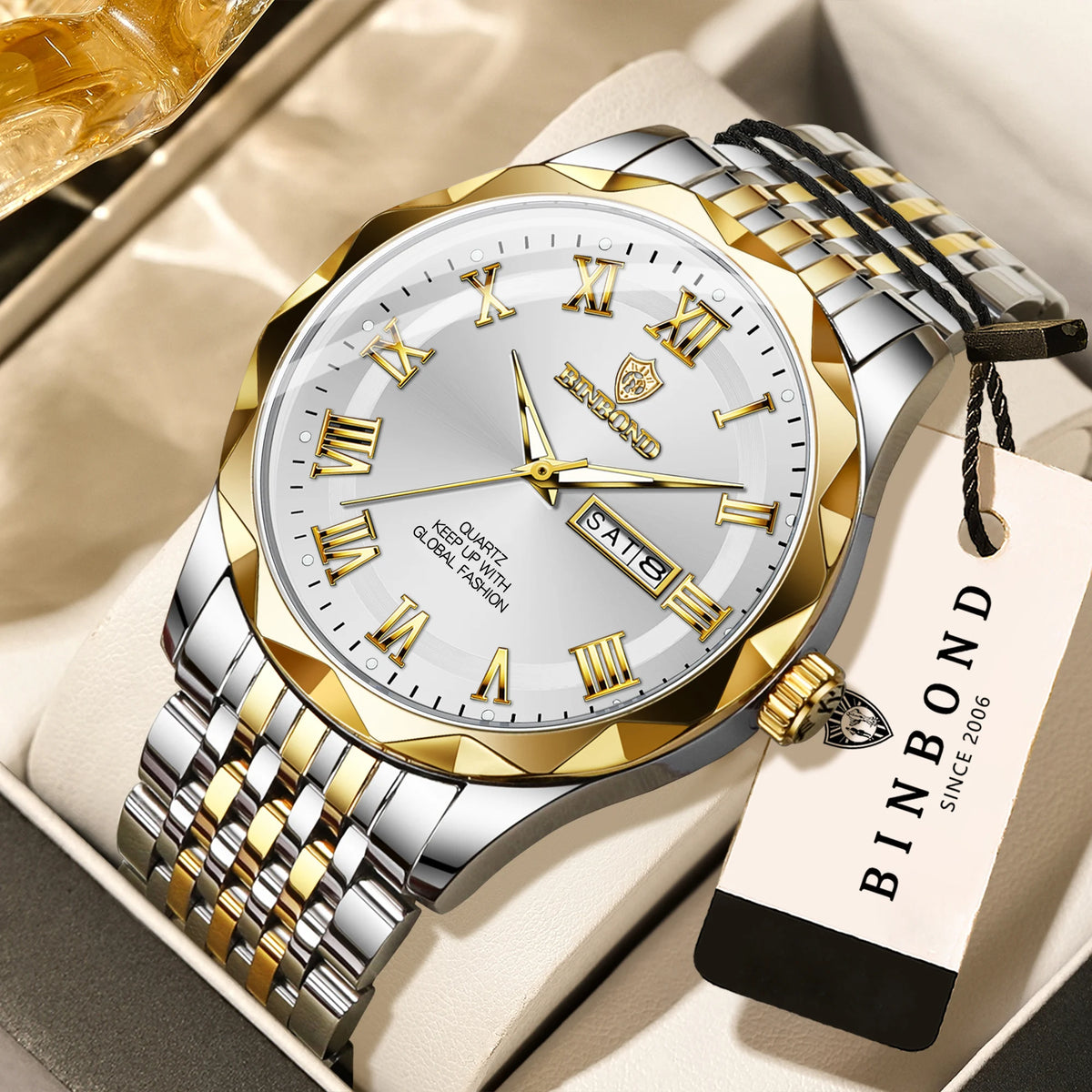 Orologio da polso di lusso al quarzo BINBOND Original Brand da uomo, luminescente, impermeabile, data automatica, indicazione del giorno della settimana, stile casual.
