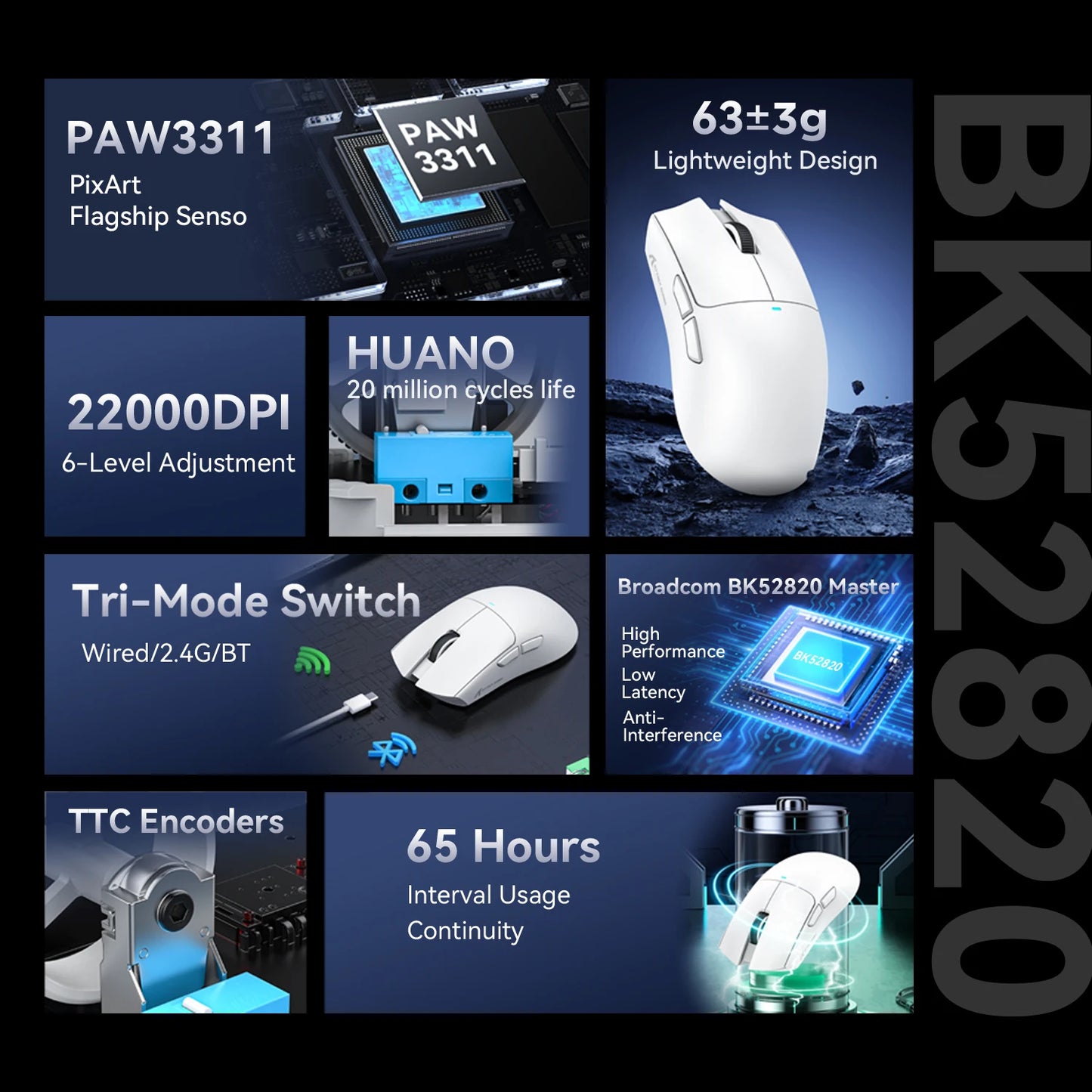 ATTACK SHARK X11 žaidimų pelė ir X11 SE belaidė pelė, 22000 DPI, PAW3311 jutiklis, BT/2.4G/laidinė, lengva 59g, 2000W paspaudimų