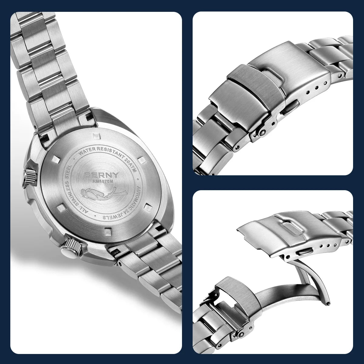 BERNY Automatic Dual Crown Diver Watch For Men Super Luminous Miyota 8215 Sapphire Swim Sport 20ATM Mechanical Men's Dive Watch