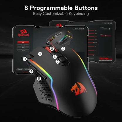 Mouse de gaming wireless Redragon M810 Pro, 10000 DPI, mouse de gamer cu fir cu tastă Rapid Fire, 8 butoane macro, mouse negru/alb