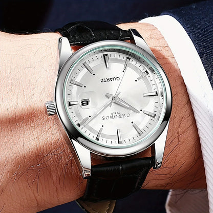 CHRONOS Men Classic Quartz Wrist Watch with Calendar Luminous Dial Leather Strap Casual Business Leisure Outdoor Sports Watches