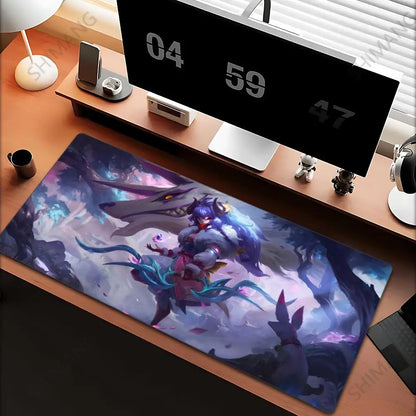 Tapis de souris League of Legends Kindred - Grand tapis de souris gaming - Tapis de bureau pour ordinateur avec motif anime de fille - Accessoires pour ordinateur portable - Tapis de clavier XXL pour gamers