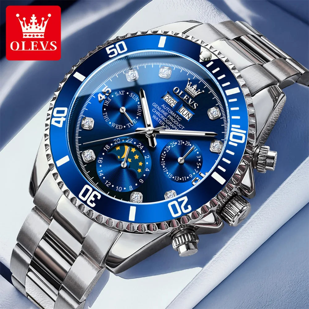 OLEVS 6729 Original Men's Watches Stainless Steel Waterproof Luminous Date Week Moon Phase Automatic Mechanical Watches for Man