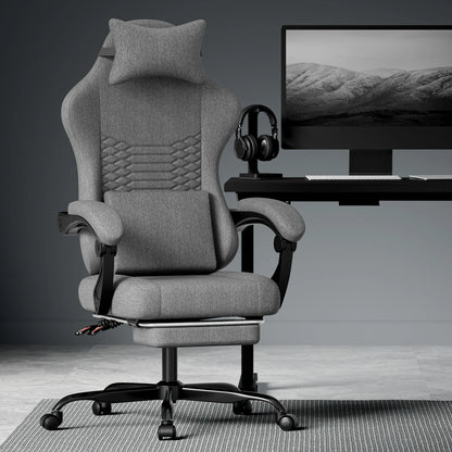 Dark Gray Fabric Gaming Chair, Massage Office Chair with Headrest, Ergonomic Racing Design, Adjustable Footrest, for PC Gamers