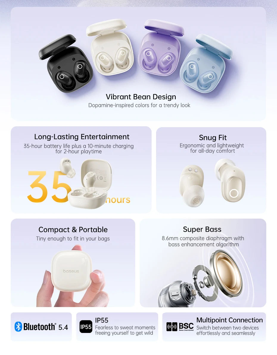 Baseus Bass BD1 Wireless Bluetooth 5.4 Earbuds – Mini Bean TWS Earphones, 35H Playtime, IP55 Waterproof Sports Headphones with Deep Bass & Low Latency
