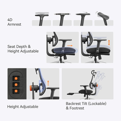 NEWTRAL MagicH-BPro Ergonomic Chair with Footrest AutoFollowing Backrest Headrest Adaptive Lower Back Support Adjustable Armrest