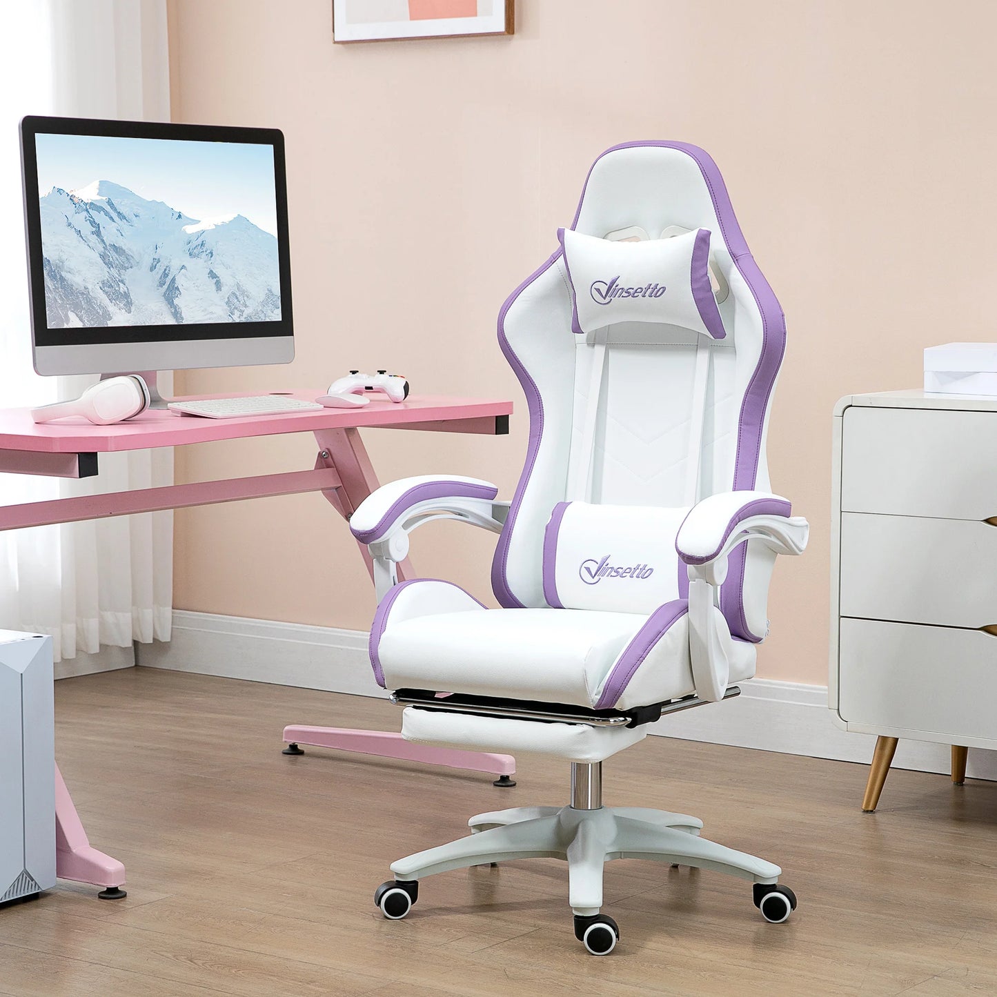 Vinsetto Gaming Chair Pu Leather Gamer Chair Adjustable Height Reclining 135 °   Headrest and Footrest 65X65X121-129 cm White