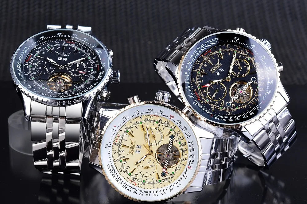 Relógio mecânico automático retro de luxo JARAGAR 034, turbilhão, esqueleto oco, aço inoxidável, calendário semanal, relógio para homem