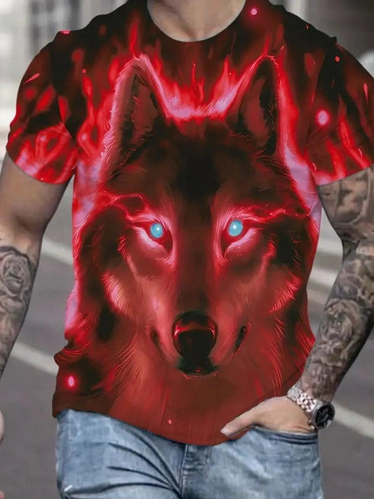 Herren-T-Shirt mit 3D-Feuerwolf-Grafikprint und Muster, Sommer, Oversized, lässig, Herrenmode, Fitness, kurzärmelige Oberbekleidung