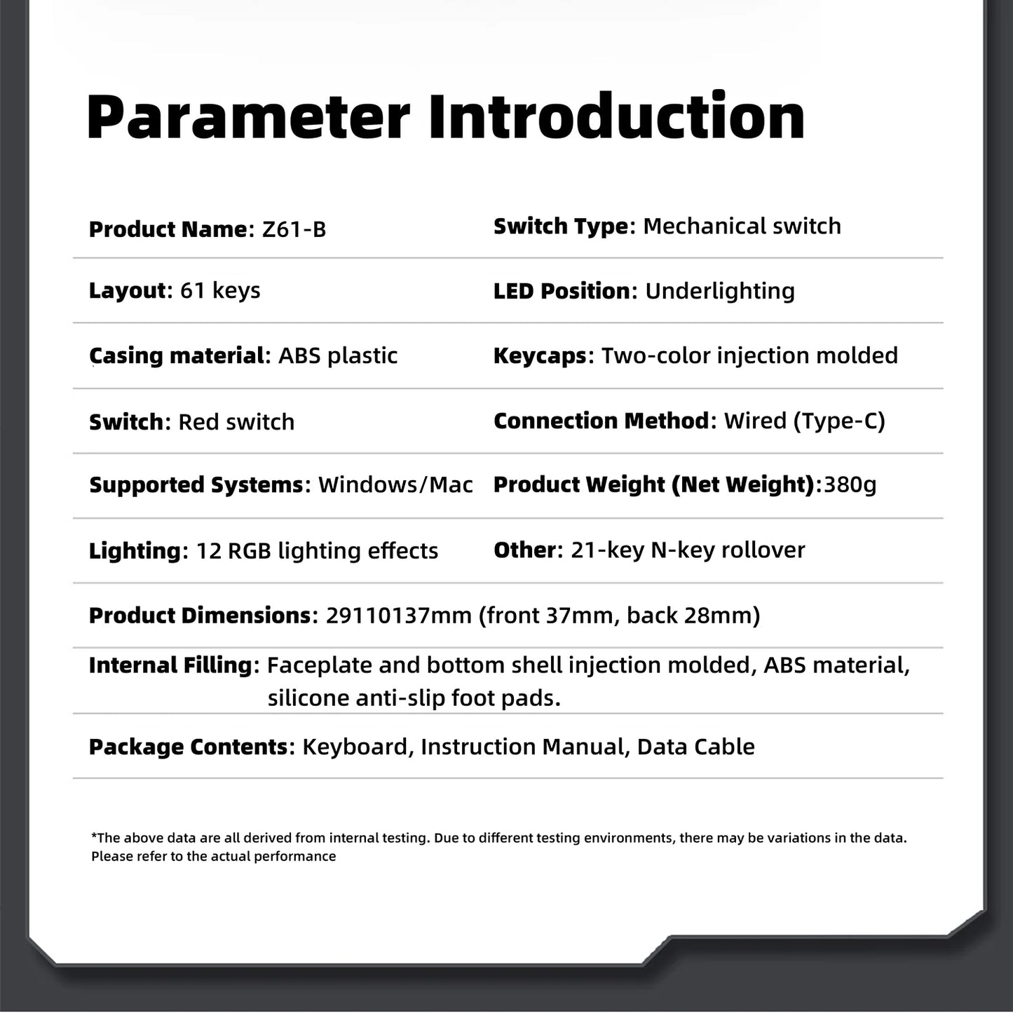 H61K USB-Type C Wired Mechanical Keyboard Red Switch RGB Backlit 61 Keys English Spanish Wired Keyboard for Game Office