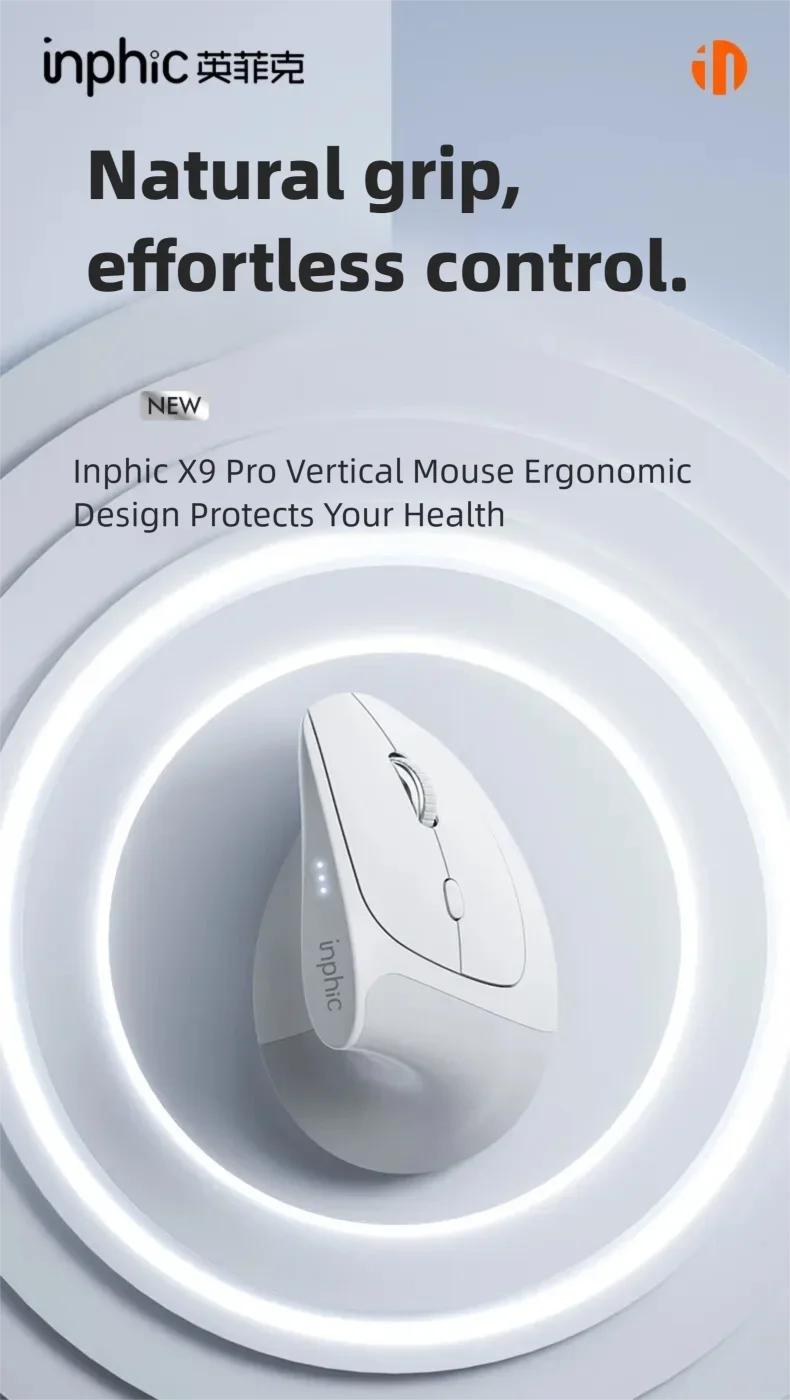 Inphic X9 PRO Vertical Wireless Mouse, Ergonomic Silent Bluetooth & 2.4G Rechargeable Mouse with Type-C Fast Charging, 12800 DPI for Laptop, PC & Gaming