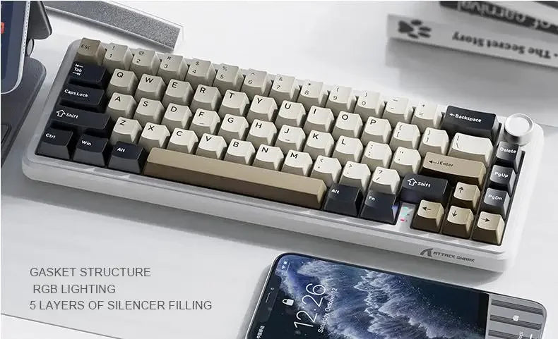 Teclado mecânico sem fios Attack Shark X66, layout compacto 65%, retroiluminação RGB, gasket, hot swap, Bluetooth, USB-C, PBT, bateria de grande capacidade