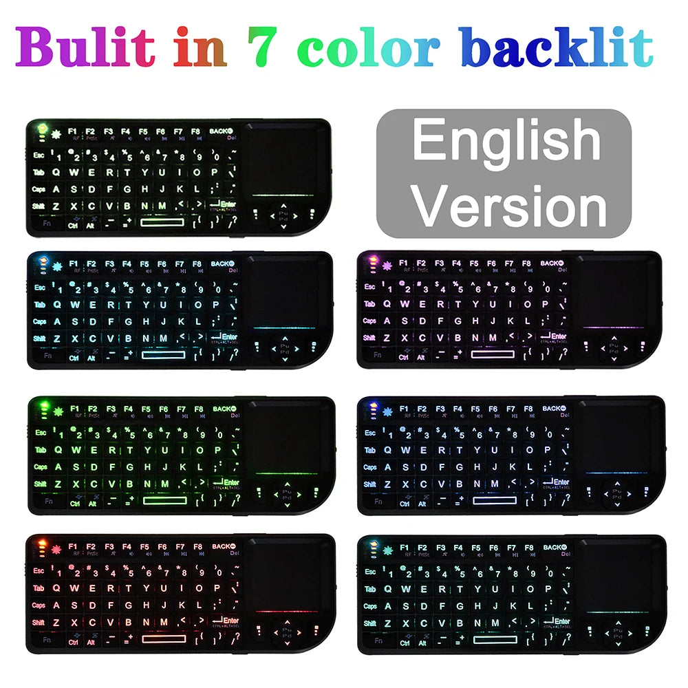 Teclado sem Fios A8 Mini 2.4G com Retroiluminação em 7 Cores, 3 em 1, Teclado Portátil com Touchpad e Air Mouse para Android TV Box, PC e Tablet