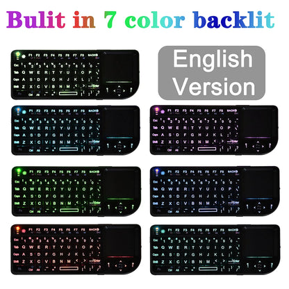 Teclado sem Fios A8 Mini 2.4G com Retroiluminação em 7 Cores, 3 em 1, Teclado Portátil com Touchpad e Air Mouse para Android TV Box, PC e Tablet
