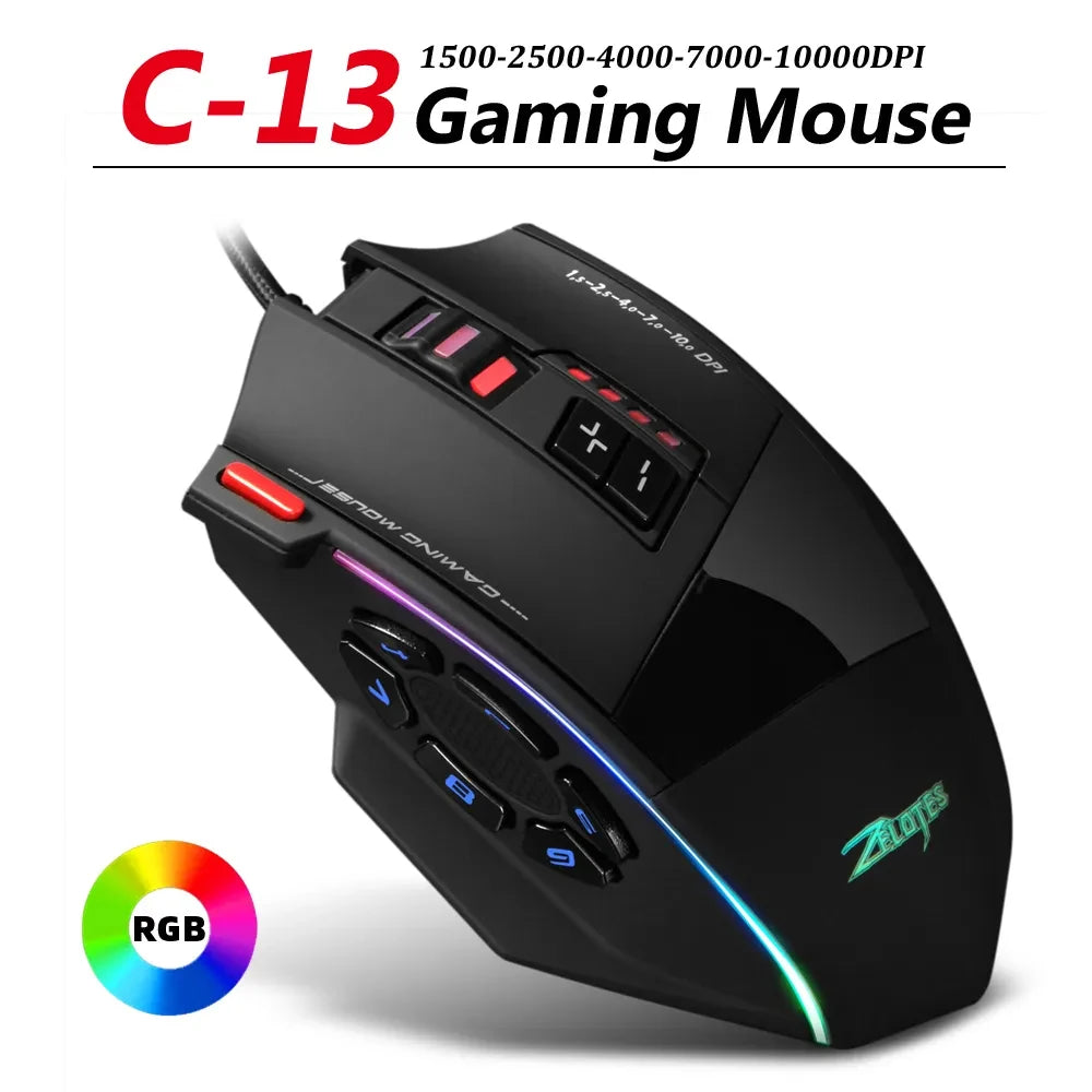 ZELOTES C-13 RGB Gaming Mouse, 10000 DPI Wired Gaming Mouse with 13 Programmable Buttons, RGB Backlit USB Gaming Mouse for PC & Desktop