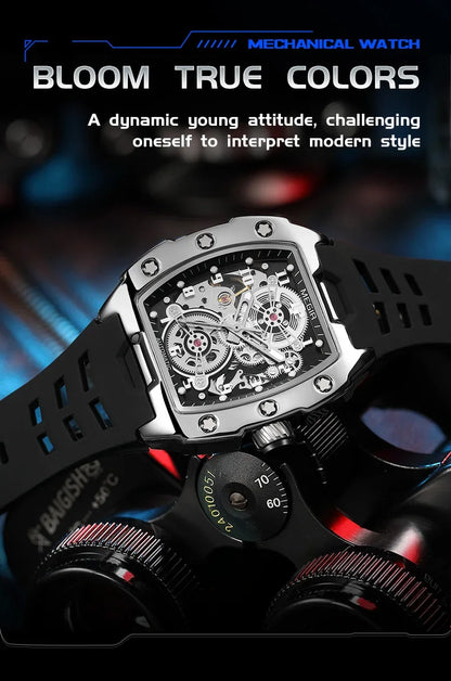 MEGIR Fashion Sport Alloy Case Men Mechanics Watch Waterproof Silicone Band Barrel Shaped Dial Luminous Pointer Man Wristwatches