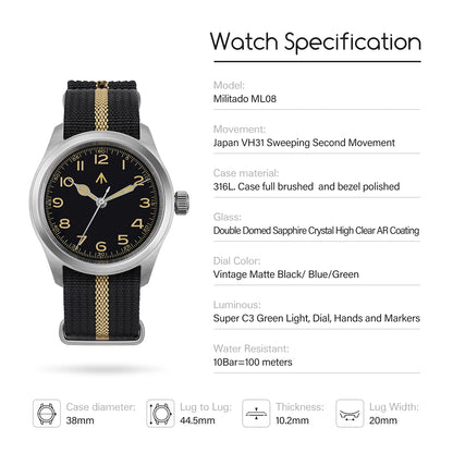 Militado ML08 Vintage Black Watch VH31 Sweep Quartz Wristwatch Ar Sapphire Crystal Luminous C3 BGW9 100 Waterproof Watches Man