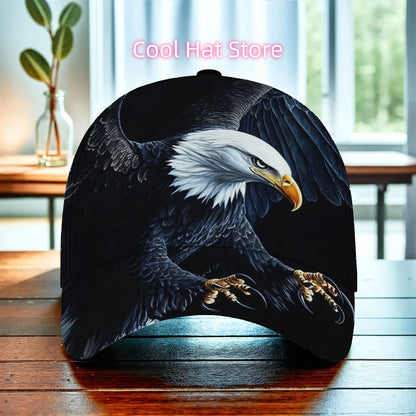 One Baseball Cap Featuring a Majestic Eagle in Flight, Equipped with an Adjustable Strap. This Lightweight And Foldable Hat Is P