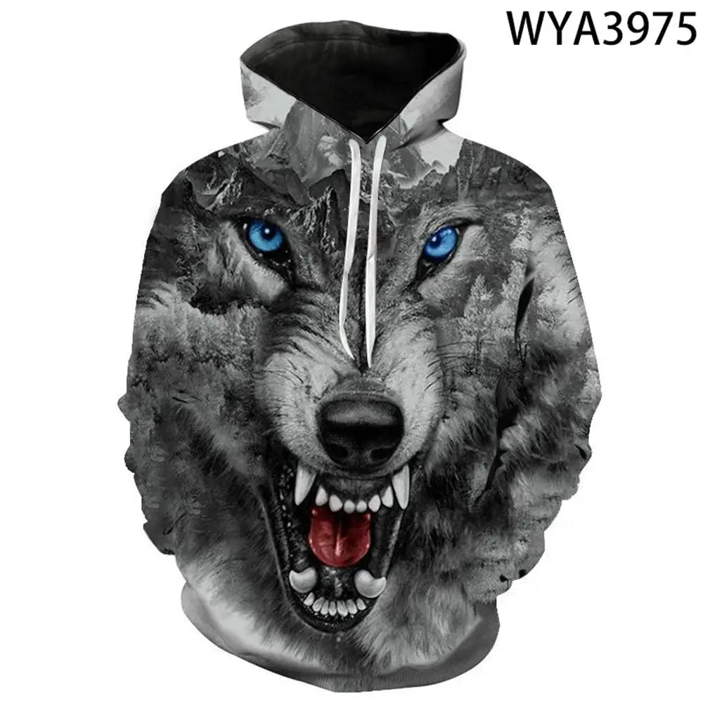 Sweatshirt com Capuz Lobo 3D Estampado, Estilo Europeu e Americano, Pullover Casual de Manga Comprida com Personalidade Animal, Modelo Popular